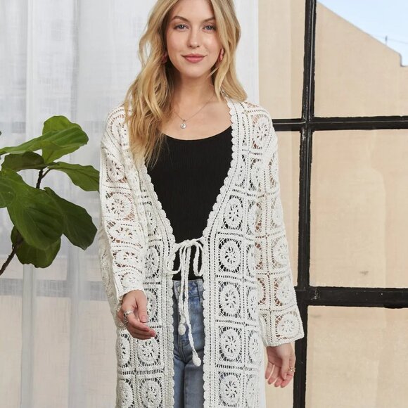 ADORA Long Sleeves Crochet Elastic Cardigan - Picture 1 of 10